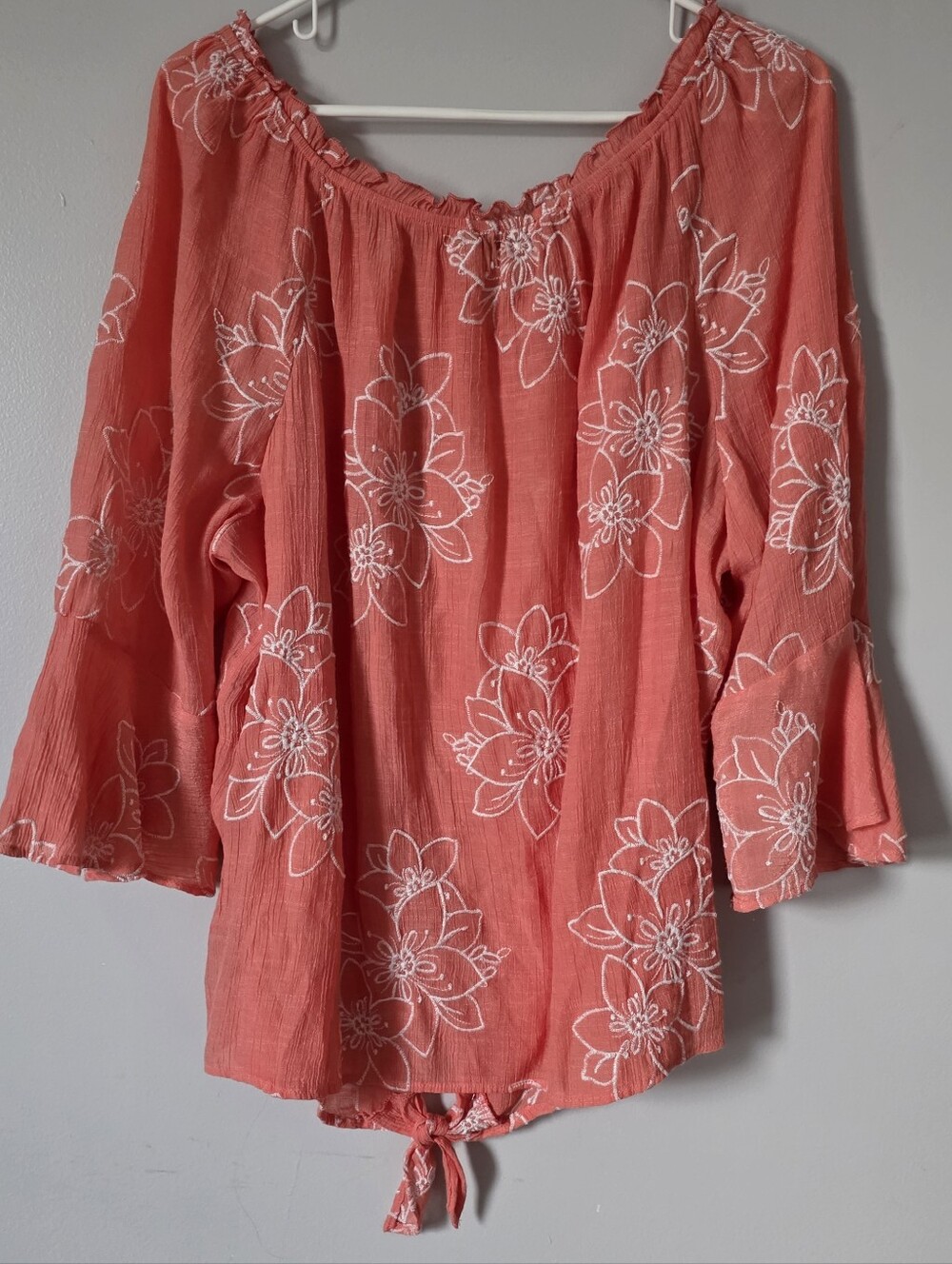 Coral Off-Shoulder Floral Tunic Top With Tie In Front 3x Summer 3/4 Sleeve Airy